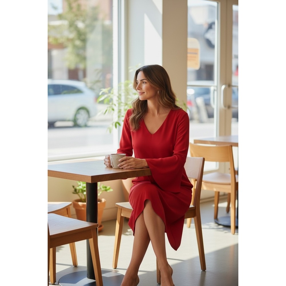 Ashley Stewart Red V Neck Bell‎ Sleeve Midi Dress Women Size 12